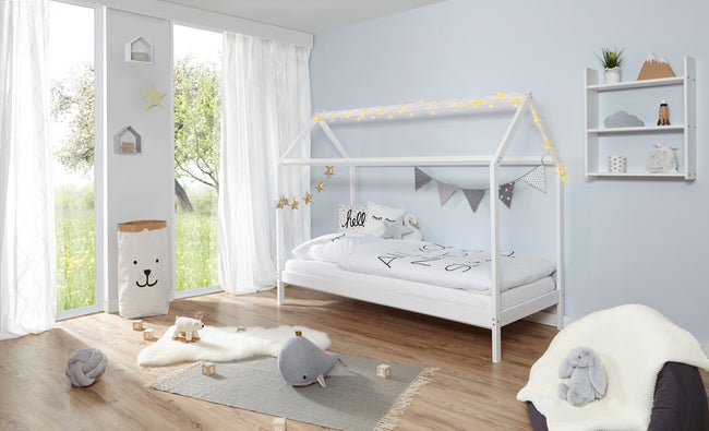 Kinderbett Hausbett "Lina" 90x200 cm Kiefer weiß inkl. 2er Schubkasten nach Wahl