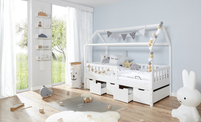 Kinderbett Hausbett "Traumhaus" 90x200 Kiefer massiv weiß