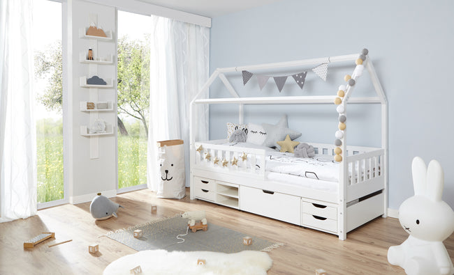 Kinderbett Hausbett "Traumhaus" 90x200 Kiefer massiv weiß