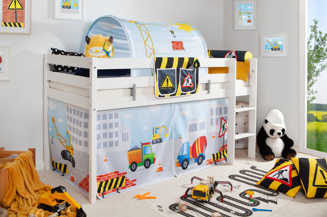 Hochbett "Oskars Baustelle" 90x200 Kiefer massiv weiß