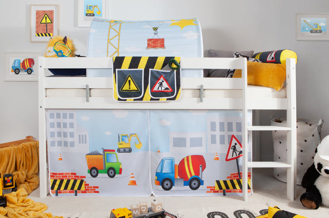 Hochbett "Oskars Baustelle" 90x200 inkl. Zubehör Kiefer massiv weiß