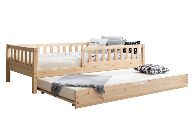 Bodenbett Kinderbett „Mio“ 100x200 cm Natur – Höhenverstellbares Montessori Kinderbett aus Kiefer Massivholz – mit Gästebett – TiCAA