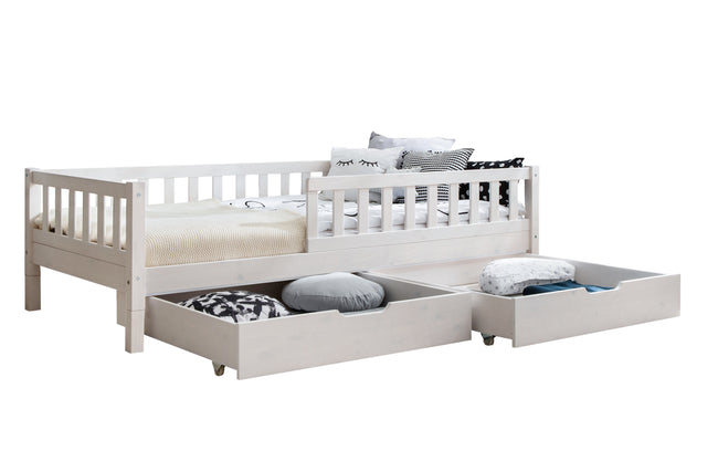 Bodenbett Kinderbett „Mio“ 100x200 cm Weiß – Höhenverstellbares Montessori Kinderbett aus Kiefer Massivholz – mit Schublade – TiCAA
