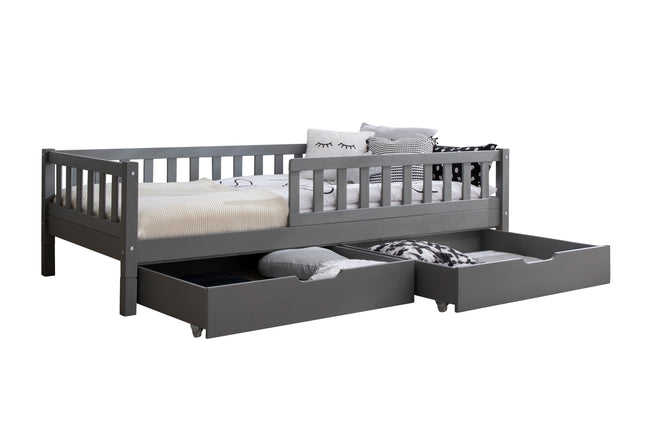 Bodenbett Kinderbett „Mio“ 90x200 cm Hellgrau – Höhenverstellbares Montessori Kinderbett aus Kiefer Massivholz – mit Bettkasten – TiCAA