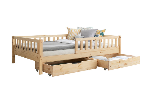 Bodenbett Kinderbett „Mio“ 120x200 cm Natur – Höhenverstellbares Montessori Kinderbett aus Kiefer Massivholz – mit Bettkasten – TiCAA