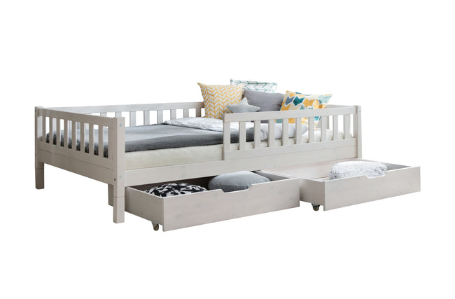 Bodenbett Kinderbett „Mio“ 120x200 cm Weiß – Höhenverstellbares Montessori Kinderbett aus Kiefer Massivholz – mit Bettkasten – TiCAA