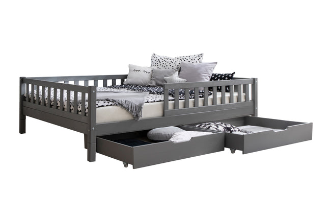 Bodenbett Kinderbett „Mio“ 140x200 cm Hellgrau – Höhenverstellbares Montessori Kinderbett aus Kiefer Massivholz – mit Schublade – TiCAA