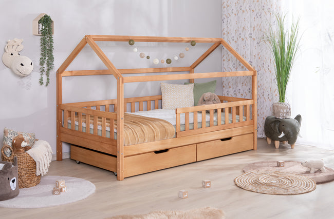 2-in-1 Hausbett Bodenbett "Duo" 100x200 Buche massiv