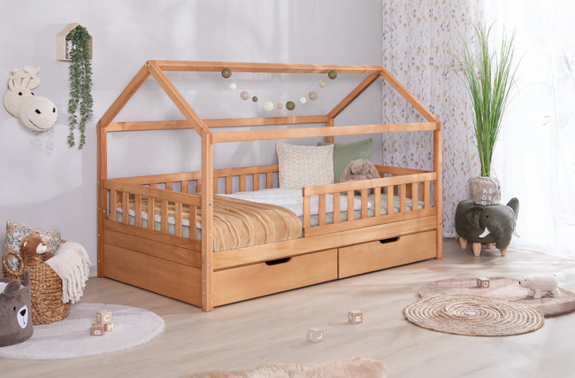 2-in-1 Hausbett Bodenbett "Duo" 100x200 Buche massiv