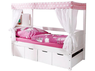 Himmelbett MINI "Stern Rosa" 80x160 cm komplett Set inkl. 4 Schubkästen + Matratze + Rollrost + Tüll-Textilien