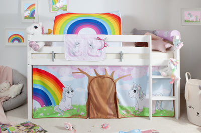 Hochbett "Einhorn Rainbow" 90x200 Kiefer massiv weiß