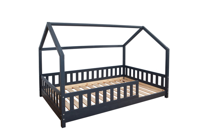 Kinderbett Hausbett "Kay" 100x200 Kiefer massiv Anthrazit Grau