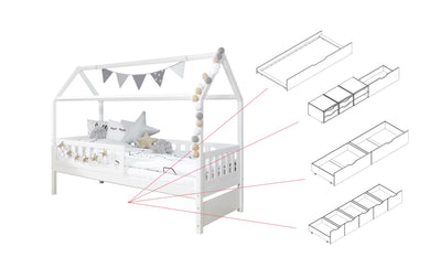 Hausbett "Traumhaus" 90x200 cm Kiefer Weiß inkl. Schubkästen nach Wahl